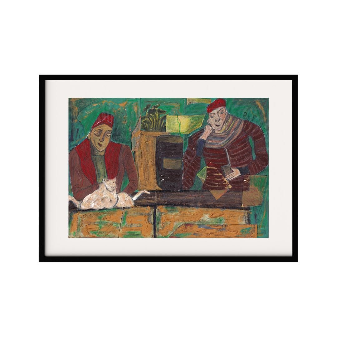 This Neo-Expressionism artwork depicts a cozy domestic scene with two figures and a cat. The warm tone and textured brushstrokes create a sense of comfort and familiarity. The expressive poses and serene atmosphere make this piece a perfect piece.