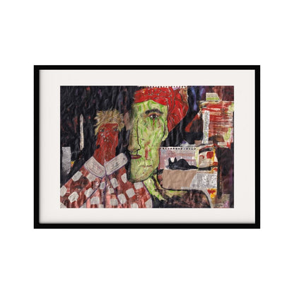 This expressionist artwork features a striking composition of 2 figures, each rendered with bold colors and intricate patterns. The use of mixed media elements, including newspaper clippings and textured paint, adds depth and complexity to the piece.