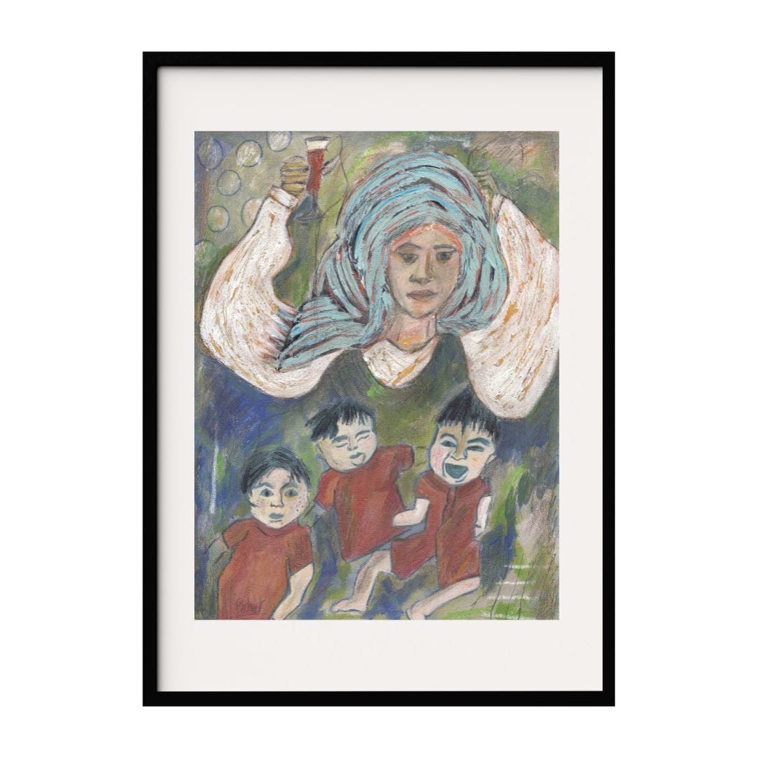 This vibrant painting features a central figure with a serene expression, holding a drink aloft. Surrounding them are three children, all dressed in red, with expressions of joy and playfulness. The background is an energetic mix of greens and blues.