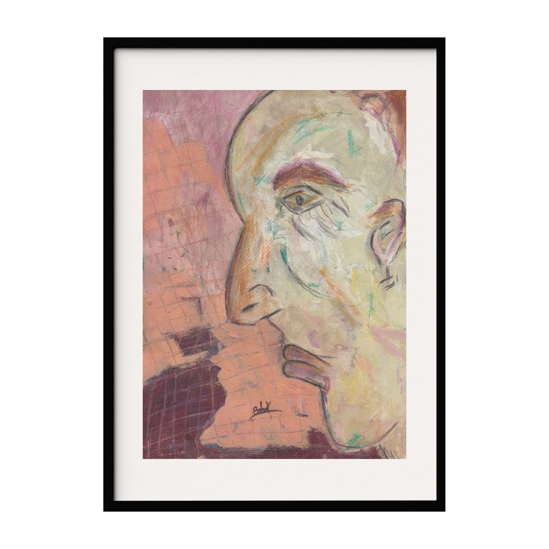 An abstract portrait capturing the essence of human expression through bold, exaggerated features and vivid colors. This piece combines a raw, emotional depth with a unique artistic vision, making it a compelling addition to any modern art collection.