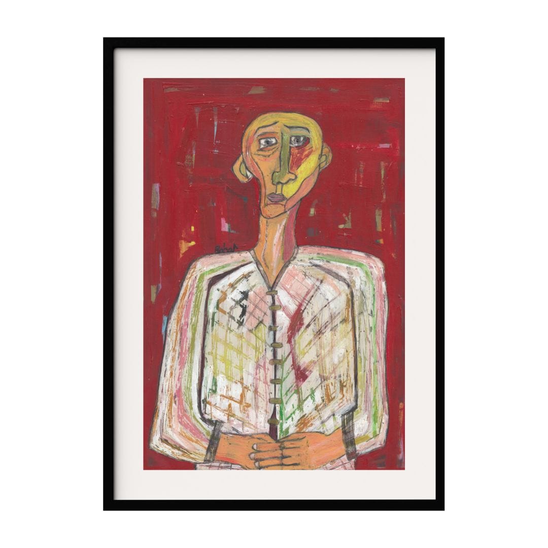 This artwork presents a solitary figure against a rich red background. The figure's elongated face and hands are highlighted, adding to the emotional intensity. The use of bold lines and vibrant colors enhances the overall impact of the piece.