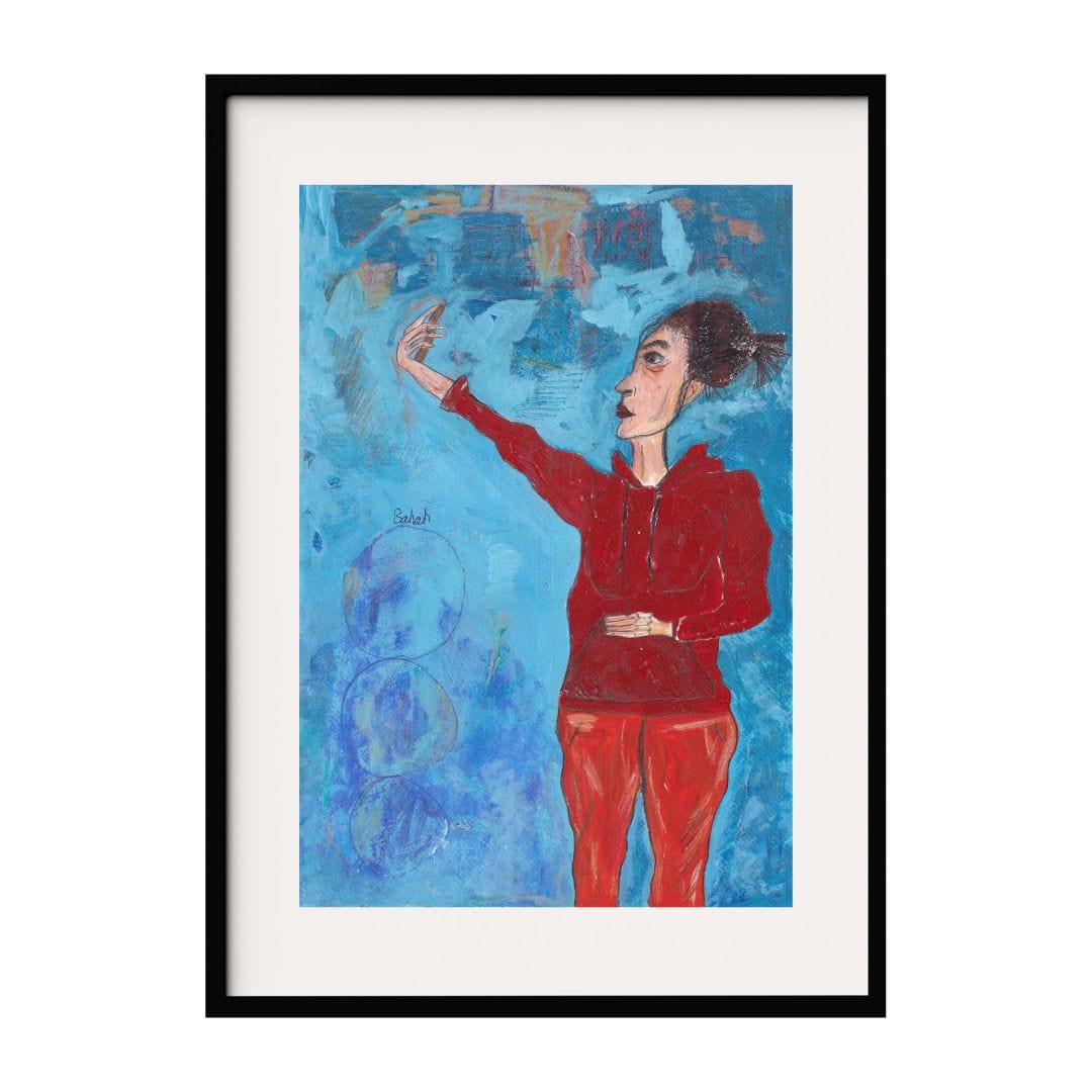 This artwork features a figure in a red hoodie and pants taking a selfie and reaching out against a vibrant blue abstract background. The contrast between the red clothing and blue background creates an abstract dynamic visual effect.