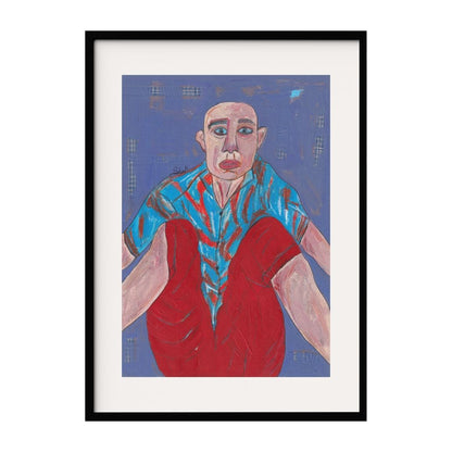 This artwork features a seated woman in vibrant red and blue tones against a textured backdrop. The bold use of color and abstract forms captures the intensity of the girl's emotions. This piece's style is modern figurative neo-expressionism.