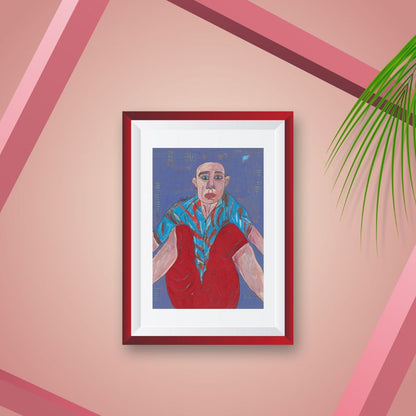 Posters, Prints, & Visual Artwork Vibrant Red and Blue Girl Art: "Head in the Clouds"