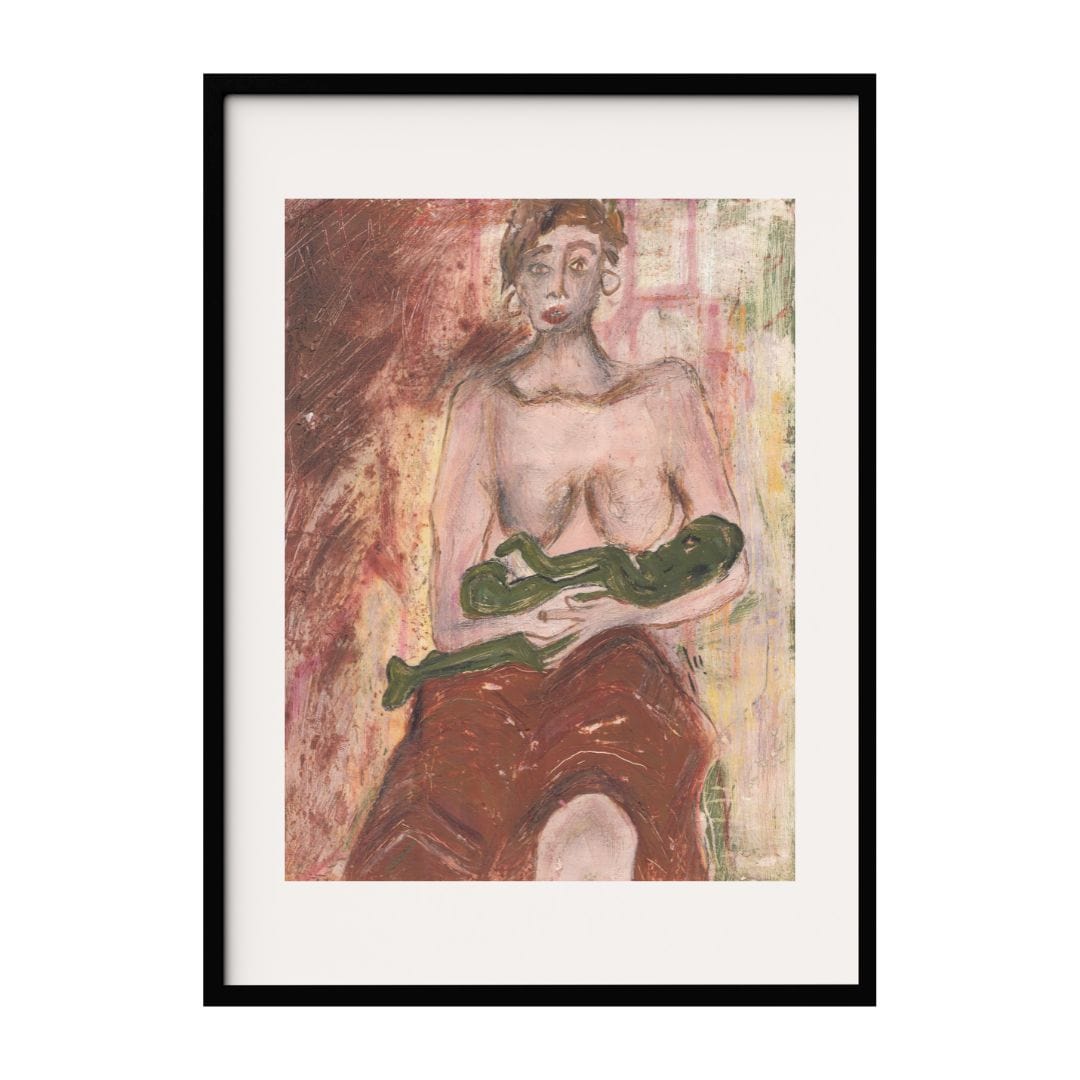 This artwork features a woman with a bare upper body, holding a green abstract infant. The background consists of textured patterns, creating a raw and emotive atmosphere. The expressive brushstrokes and muted palette evoke a sense of vulnerability.