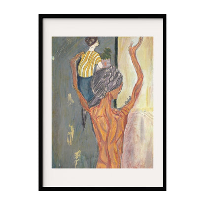 A mixed media painting depicting two figures: one with outstretched arms, painted in warm hues, and the other, seen from behind, dressed in a striped shirt. The textured background and expressive forms evoke a sense of movement and interaction.