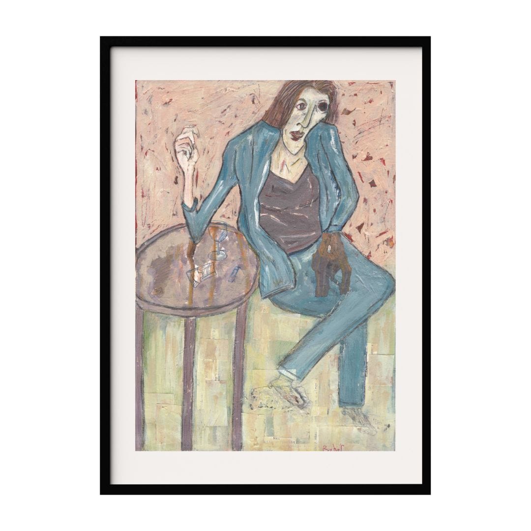 An expressive mixed media painting showing a woman in a blue suit seated at a round table. The composition highlights elongated features and dynamic lines, set against a textured background. This piece explores themes of contemplation and modern life