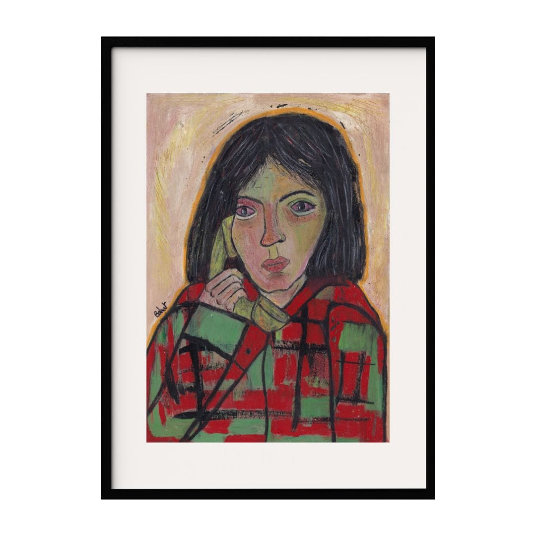 This expressive artwork features a striking portrait of a woman on the phone with intense, contemplative eyes. The bold use of color and geometric patterns in her clothing creates a dynamic contrast against the soft, textured background.