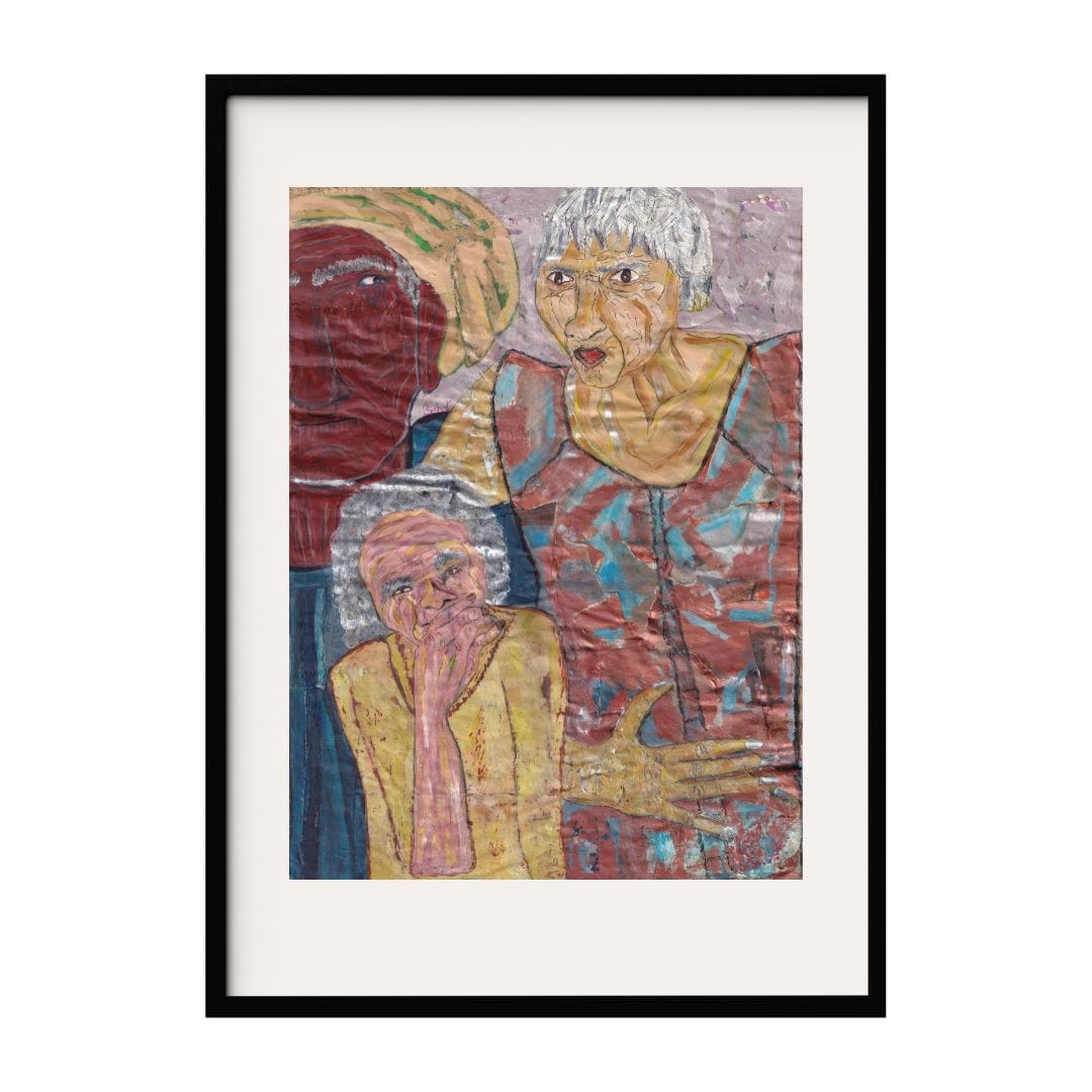 This abstract Neo-Expressionism artwork captures an emotional moment between three expressive figures. The textured brushstrokes and rich colors highlight the depth of their interactions and the intensity of their expressions.