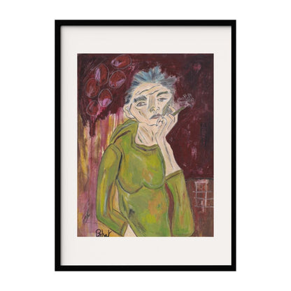 This painting portrays a woman in a green, holding a cigarette. The background is in dark red and abstract shapes, lending a sense of introspection and solitude. The expressive brushstrokes and muted color palette capture a moment of deep thought.