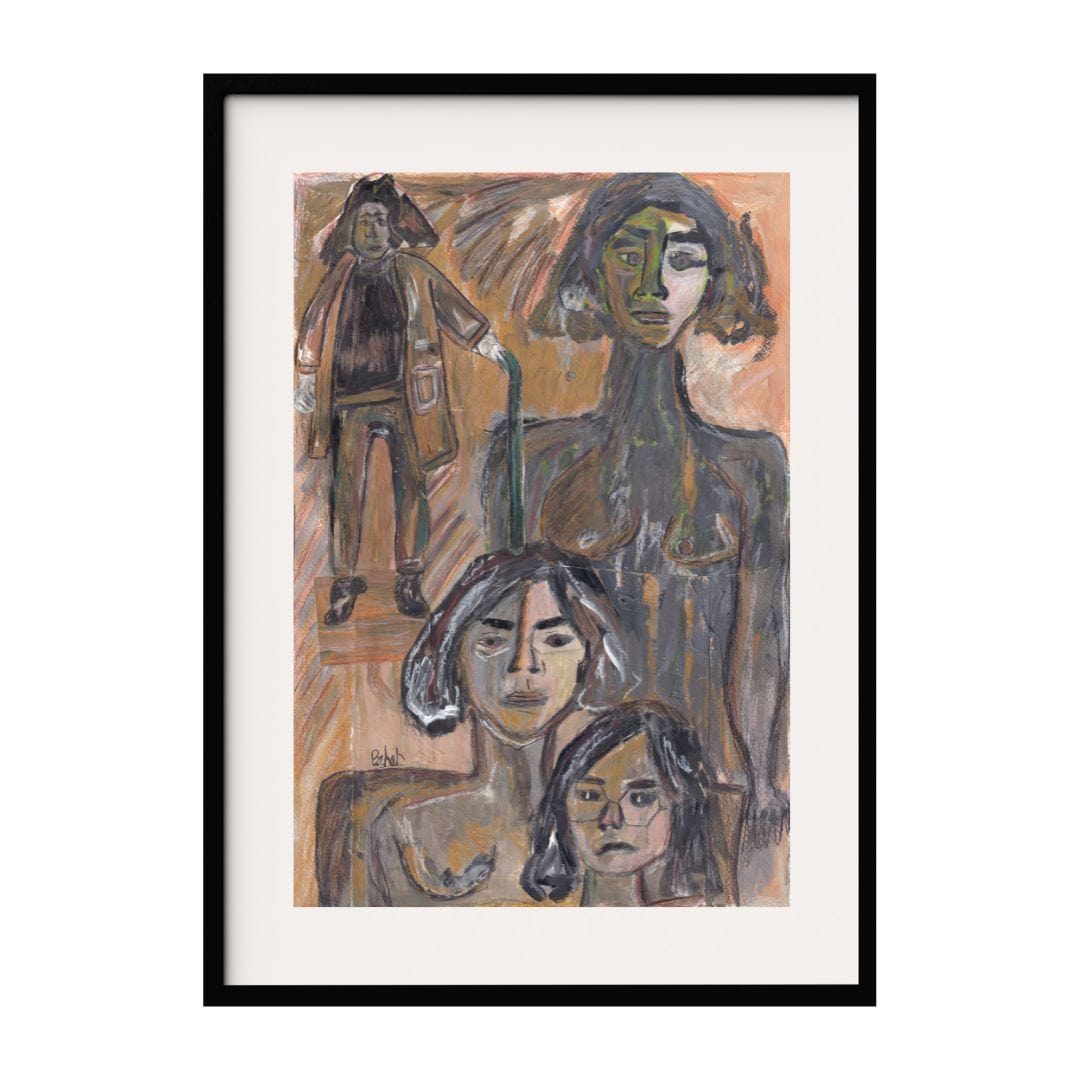 This artwork features 4 individuals, each rendered with expressive brushstrokes and muted tones. The overlapping forms create a layered narrative, suggesting complex emotions. The earthy color palette and abstract detailing add depth to the artwork.