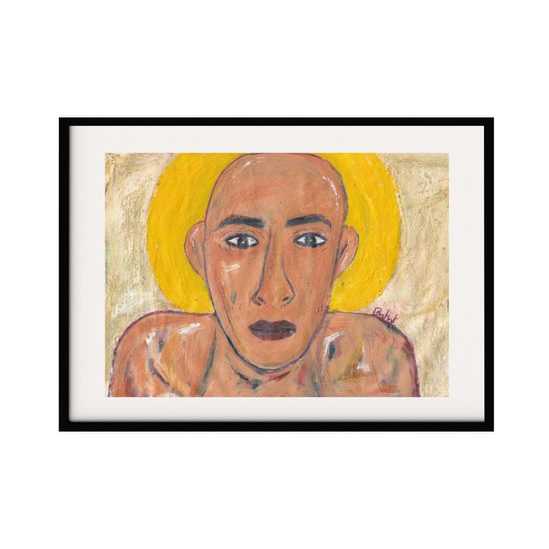 An abstract portrait of a bald individual, depicted with bold, expressive features against a textured background. The subject's intense gaze and the prominent yellow halo-like shape behind their head create a powerful, almost saintly presence.