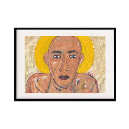 An abstract portrait of a bald individual, depicted with bold, expressive features against a textured background. The subject's intense gaze and the prominent yellow halo-like shape behind their head create a powerful, almost saintly presence.