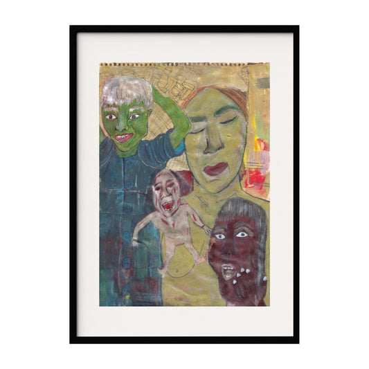 A vivid composition featuring multiple faces in varying colors and expressions. The green-faced figure with silver hair dominates the left, next to the figure in muted tones and a dark, expressive face on the right. The piece is emotionally engaging.