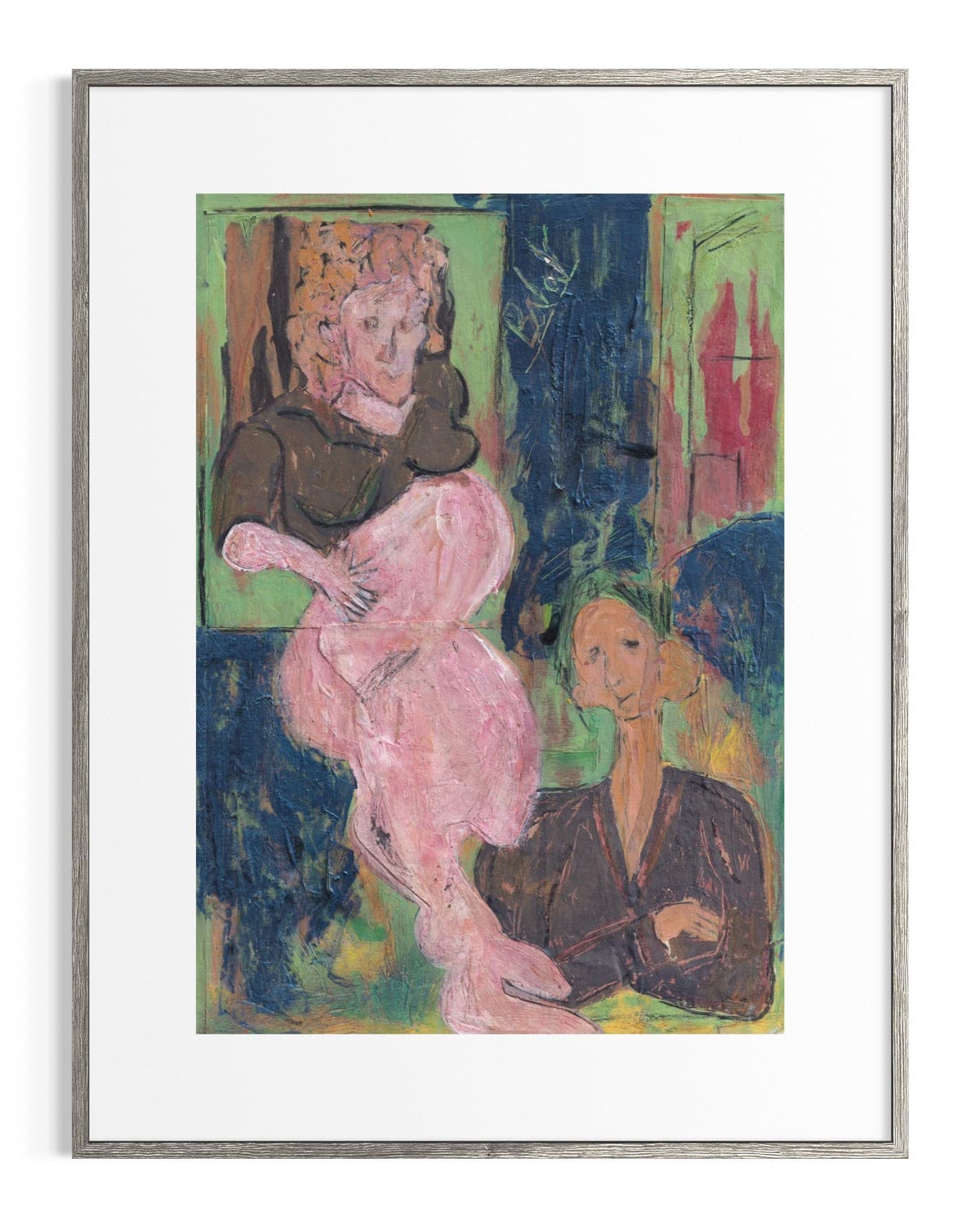 Framed artwork of two figures in a colorful setting