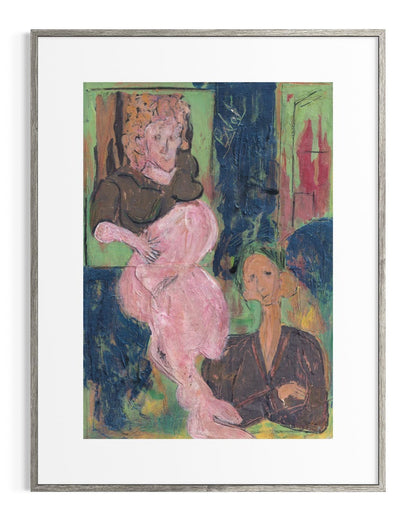 Framed artwork of two figures in a colorful setting