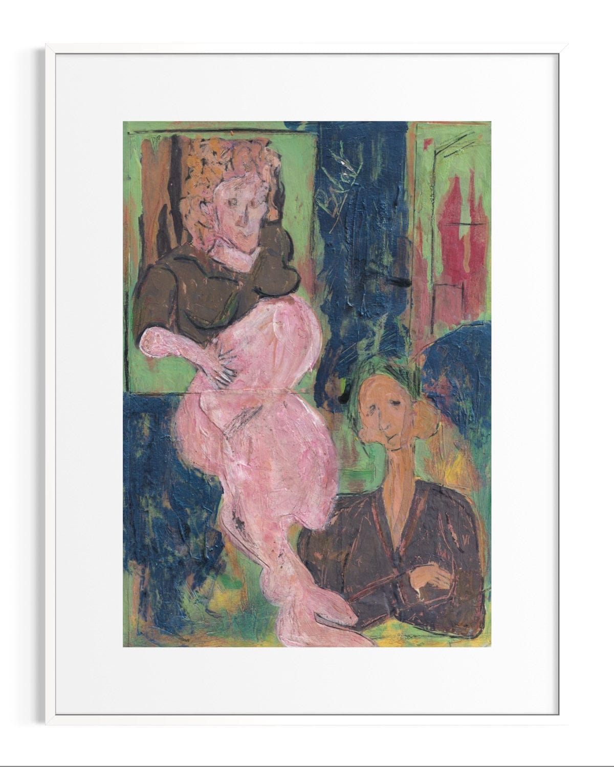 Framed artwork of two figures in a colorful abstract style