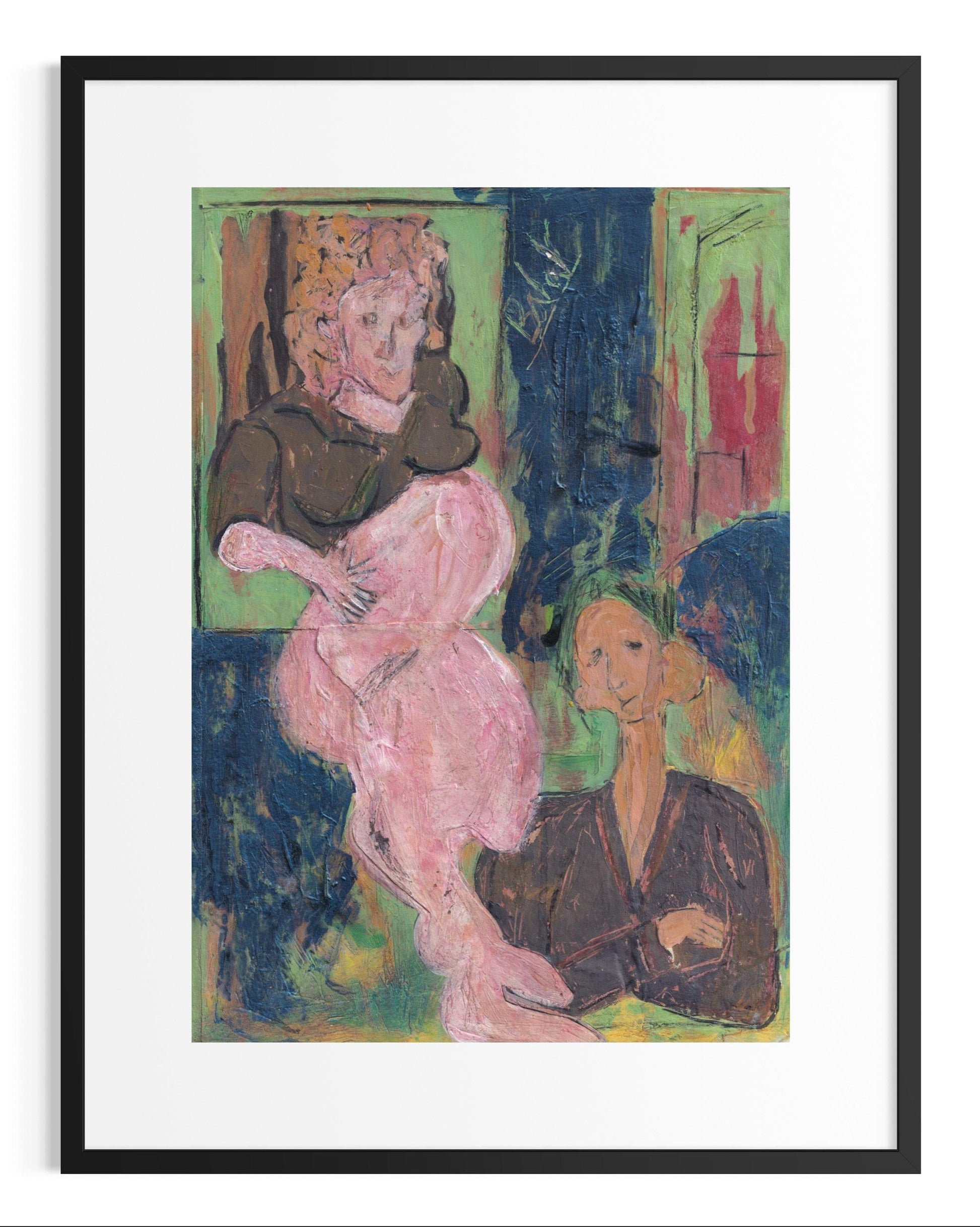 Framed artwork of two figures in a stylized manner with vibrant colors.