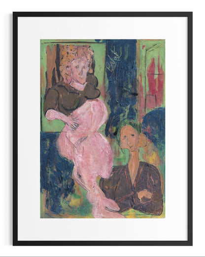 Framed artwork of two figures in a stylized manner with vibrant colors.