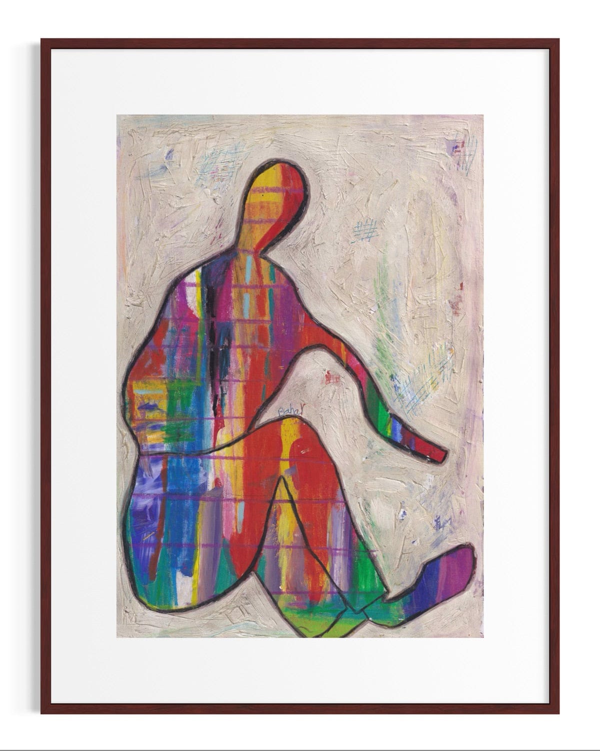 Colorful abstract artwork of a sitting figure in a wooden frame.
