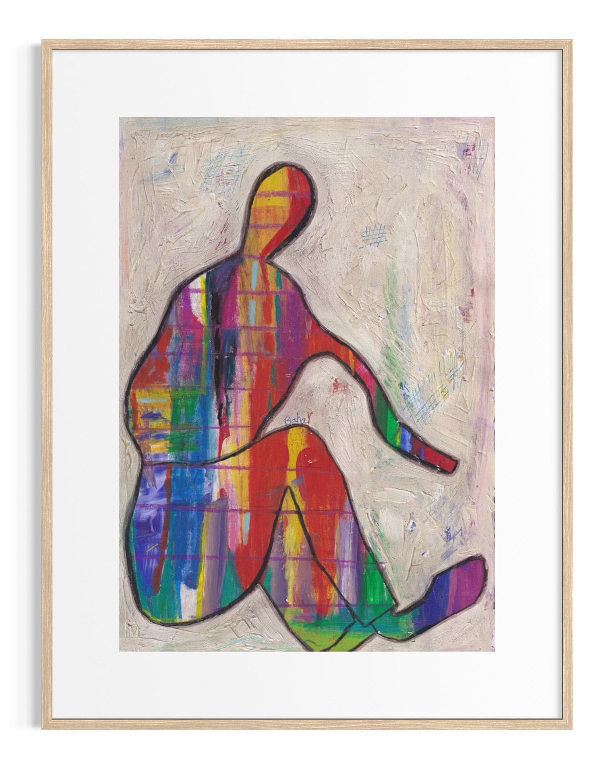 Colorful abstract artwork of a seated figure in a wooden frame.