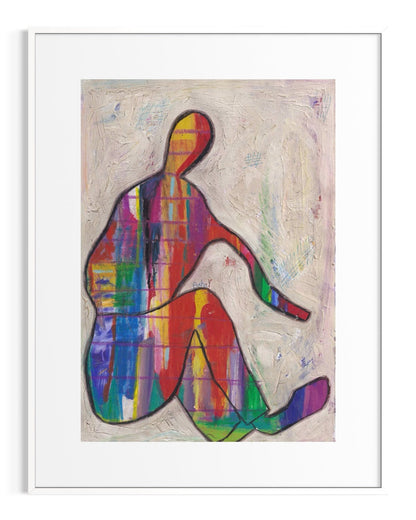 Abstract artwork of a colorful silhouette on a textured beige background