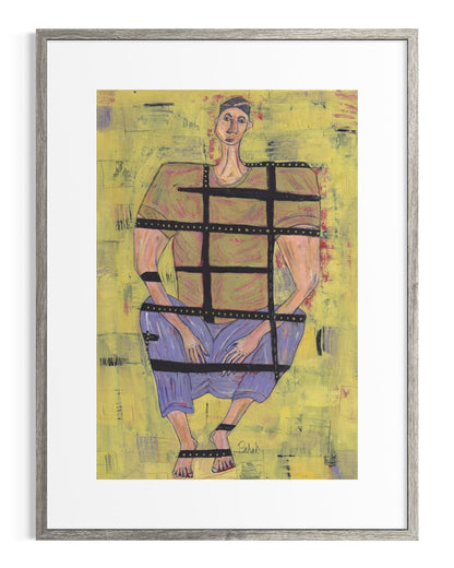 Framed artwork of a person in a checkered outfit on a yellow background