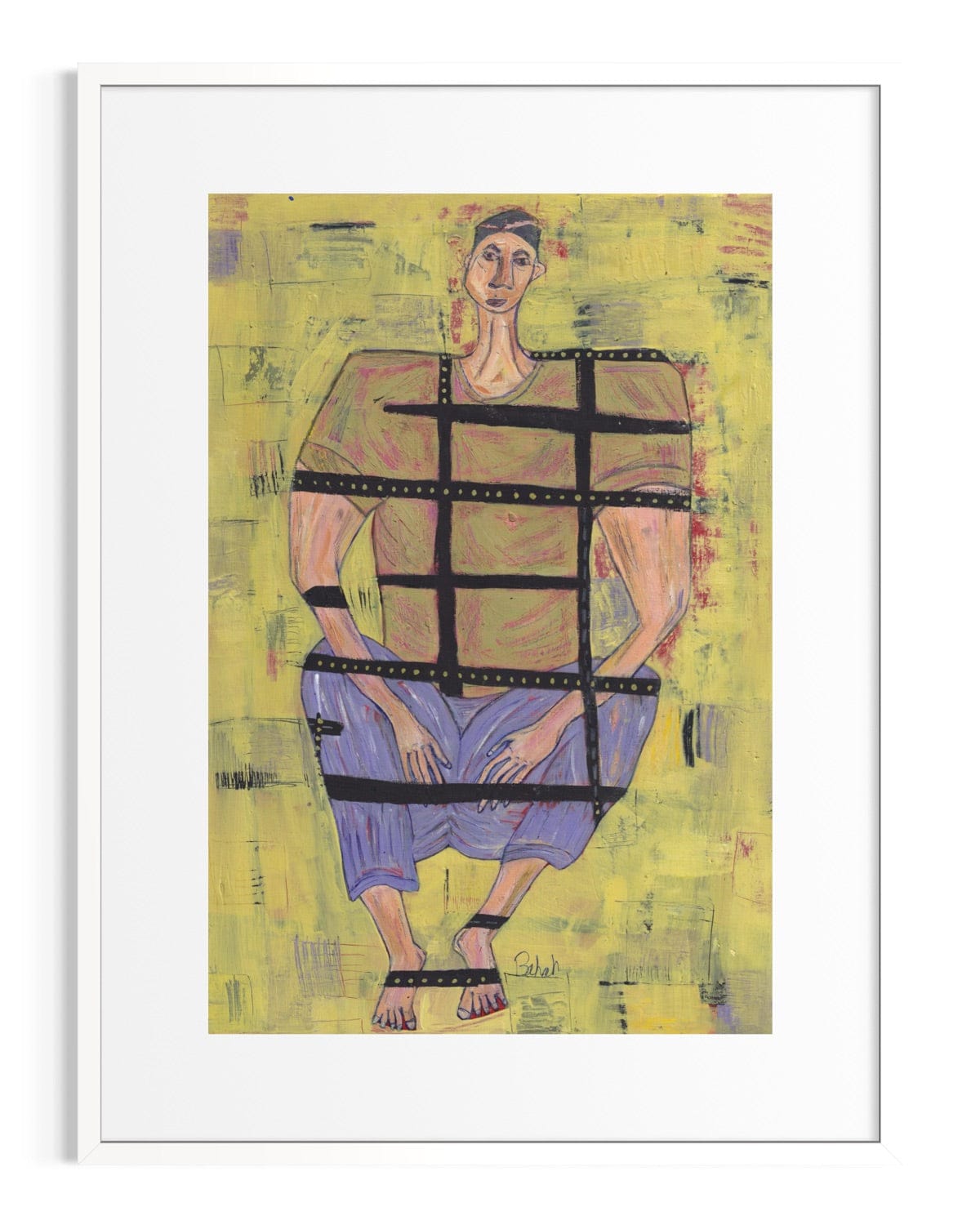 Artistic depiction of a person in a striped outfit on a yellow background