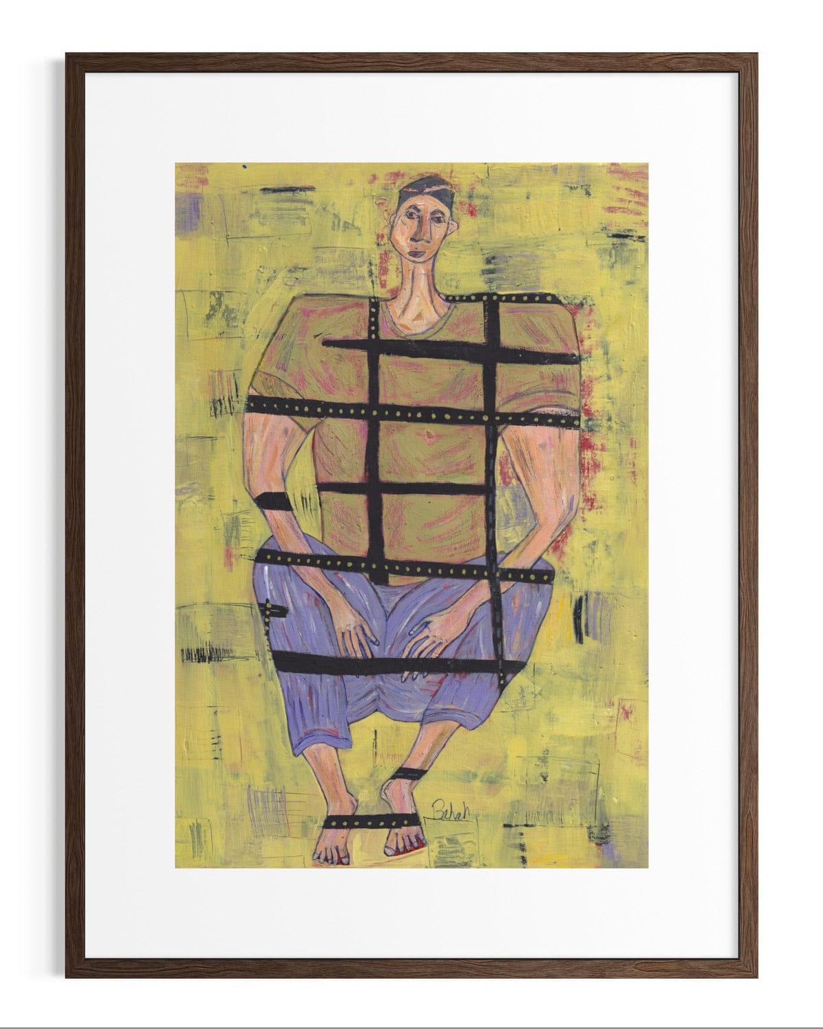 Framed artwork of a person in a checkered outfit on a yellow background