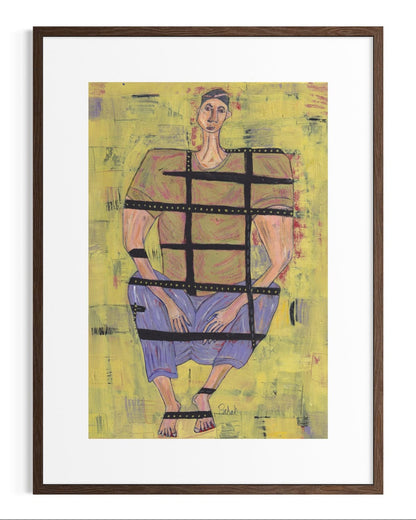 Framed artwork of a person in a checkered outfit on a yellow background