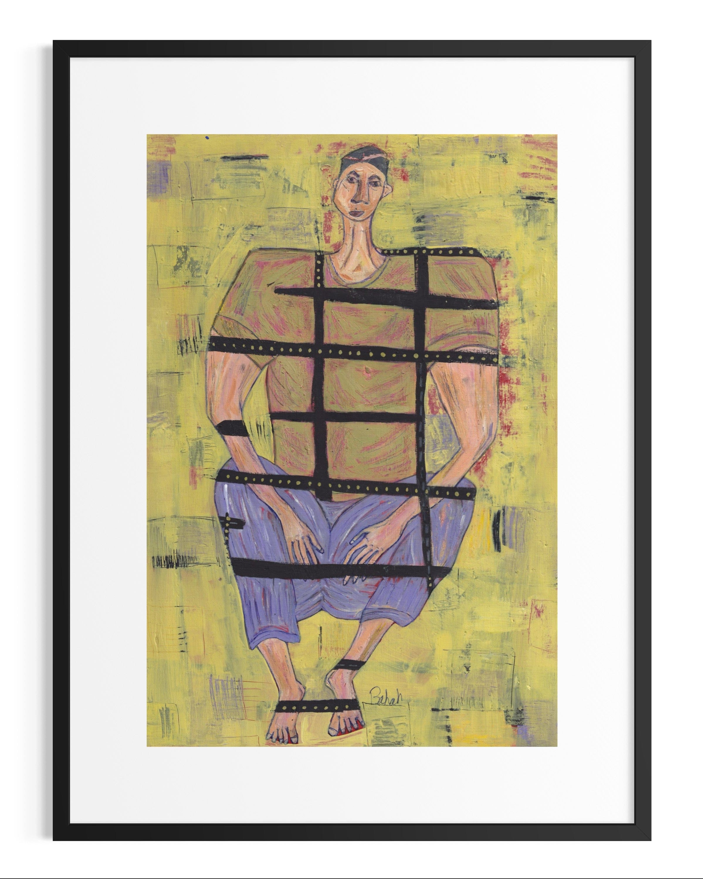 Artistic depiction of a person in a striped outfit on a yellow background