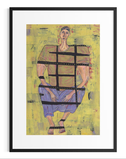 Artistic depiction of a person in a striped outfit on a yellow background