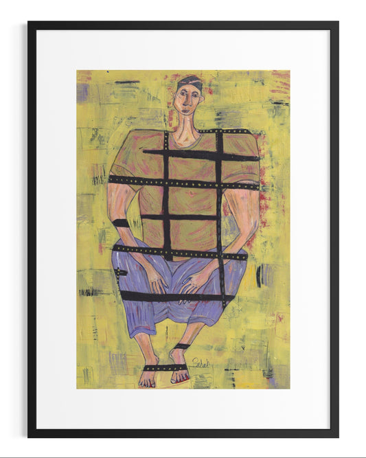 Artistic depiction of a person in a striped outfit on a yellow background