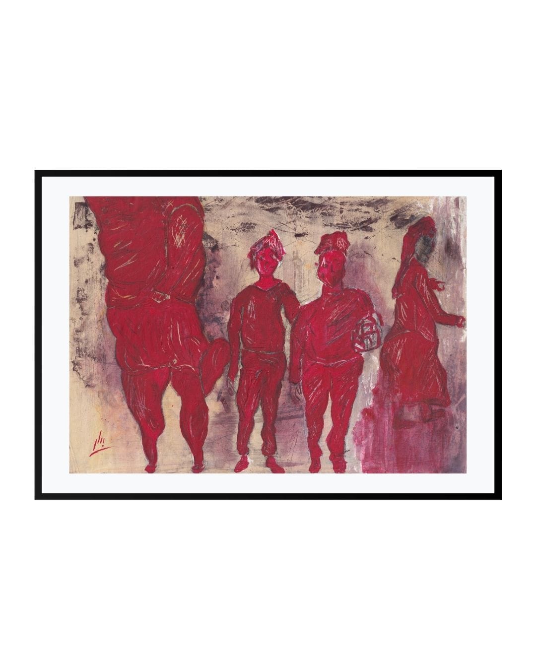 Expressionist painting titled "Race," depicting a group of figures in red moving with urgency and shared tension