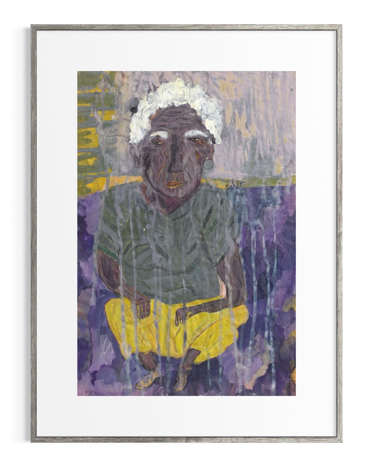 Framed artwork of a person wearing a green shirt and yellow pants against a purple background.