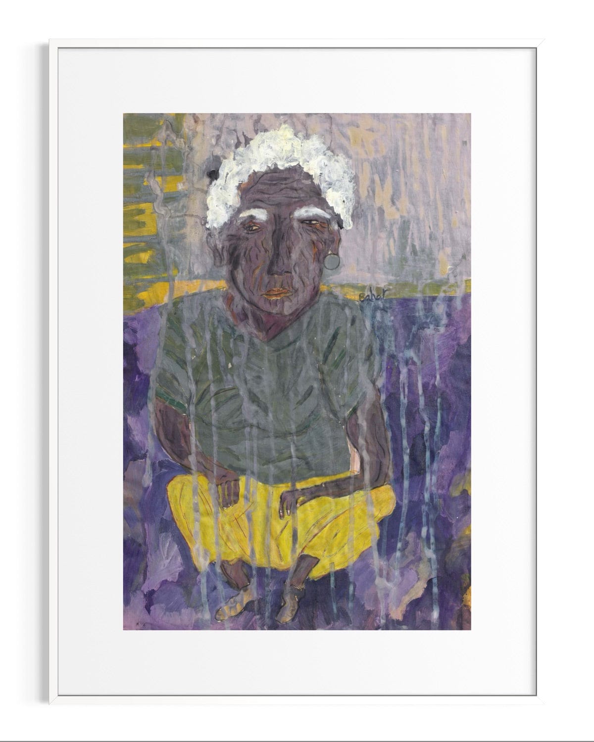 Artistic depiction of an elderly person with a white headscarf and yellow garment against a purple background.
