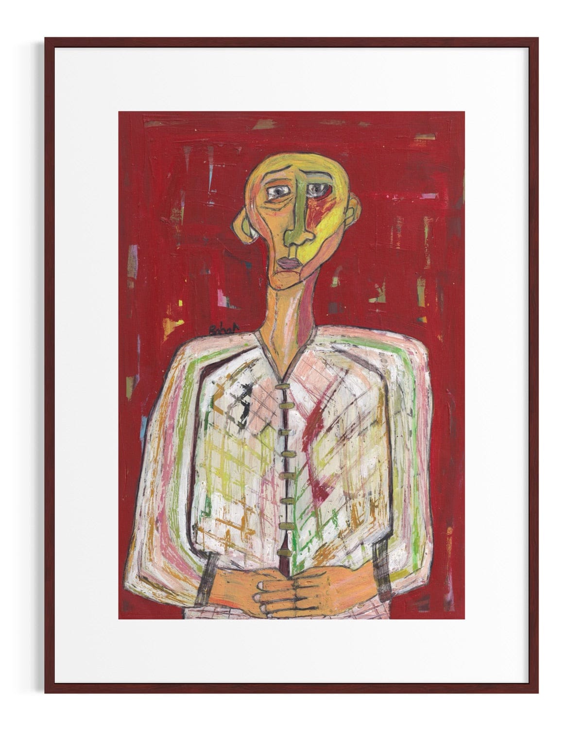 Framed abstract artwork of a person with a red background