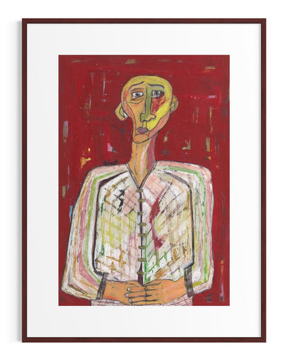 Framed abstract artwork of a person with a red background