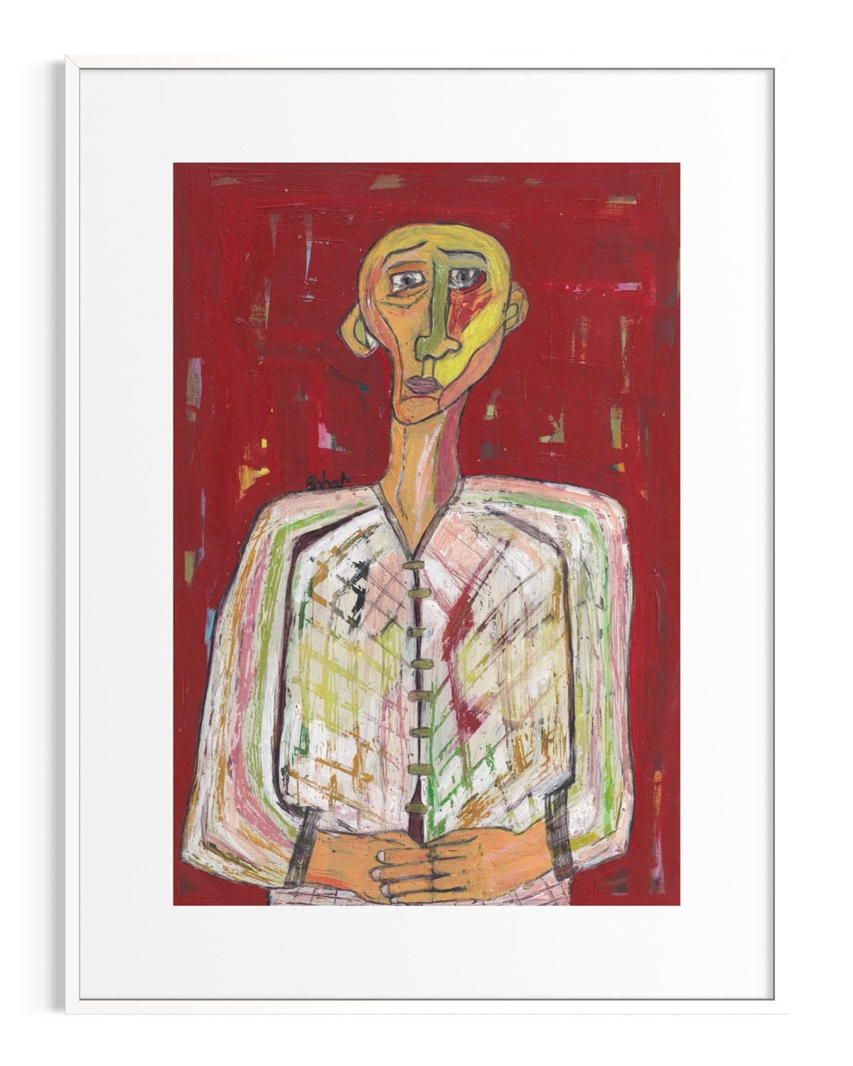 Abstract painting of a figure with a red background