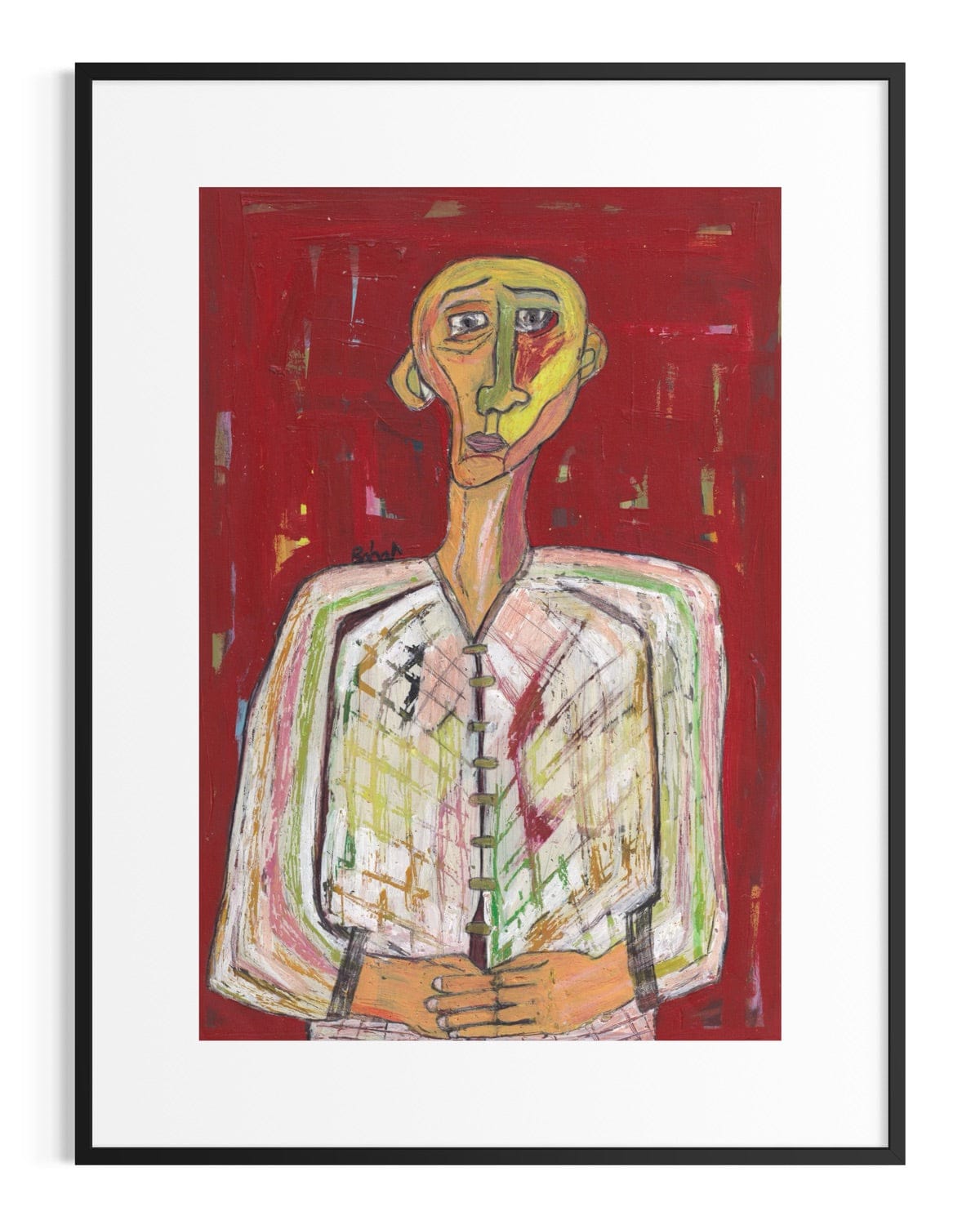 Framed abstract artwork of a person with a red background