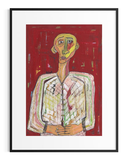 Framed abstract artwork of a person with a red background