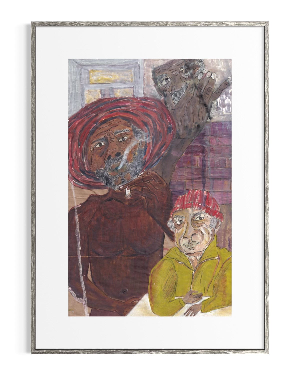 Framed artwork of two figures, one with a red headscarf and another in a yellow jacket, against a textured background.