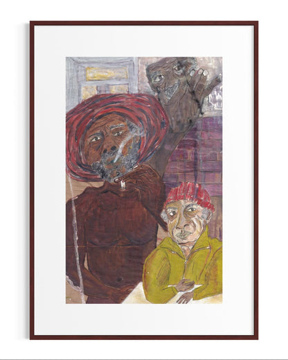 Framed artwork of two figures with a red headscarf and a yellow jacket.