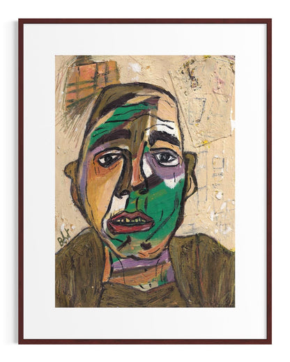 Framed abstract artwork of a face with a white border