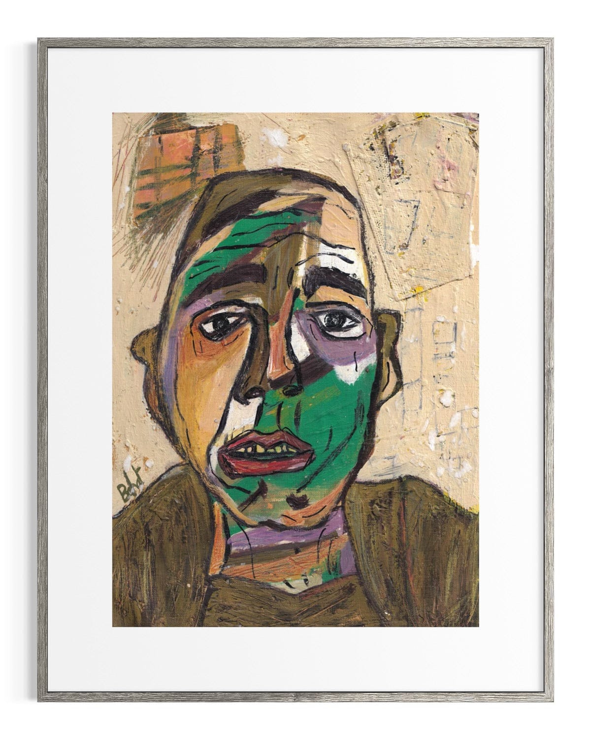 Framed abstract artwork of a face with green and brown tones.