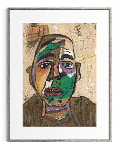 Framed abstract artwork of a face with green and brown tones.