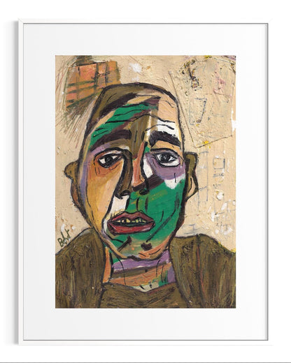 Framed artwork of a stylized face with abstract design elements.