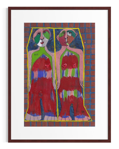 Framed artwork of two abstract figures in red and green against a checkered background.