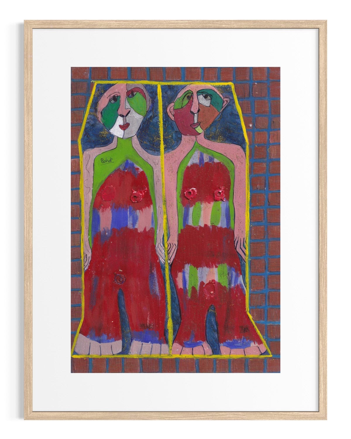 Framed artwork of two abstract figures in red and green against a checkered background.