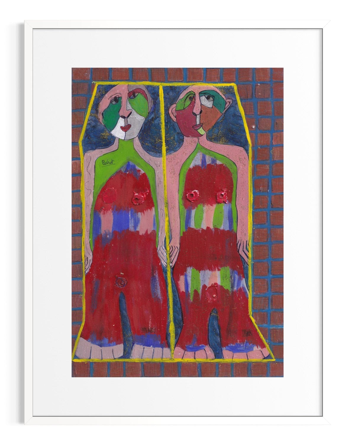 Colorful abstract artwork of two figures in red and green dresses on a checkered background.